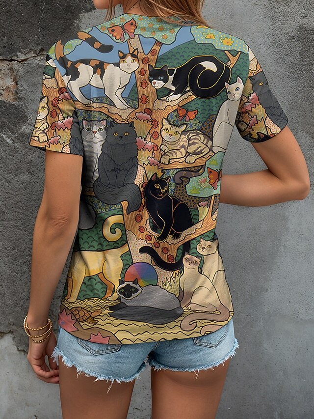 Women's T Shirt Print Graphic Animal Cat Vintage Stylish