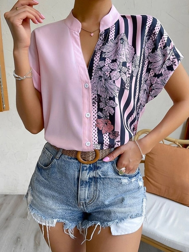 Women's Blouse Buttons Print Floral Striped Vintage Casual