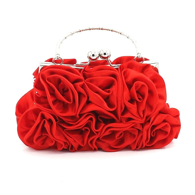 Women's Red Rose Fabric Evening Clutch with Top Handle,