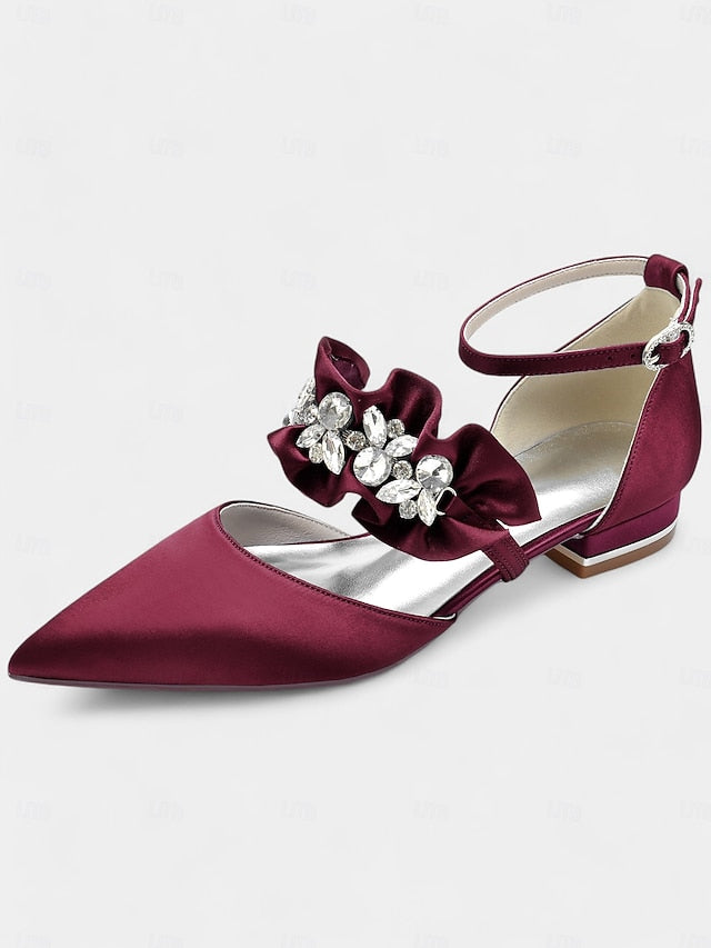 with Pointed-Toe Satin Women's Rhinestone Black Flats
