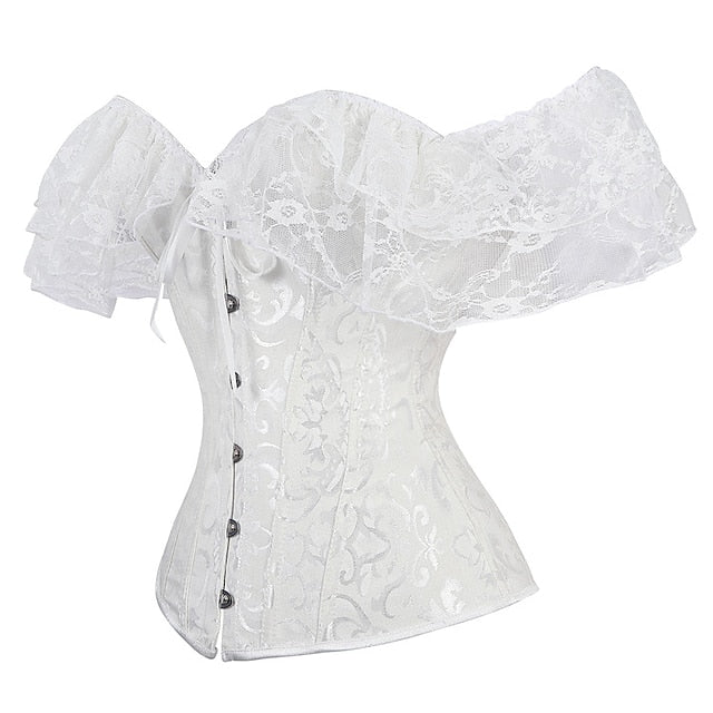 Women Floral Lace Off Shoulder Overbust Corset Bustier Boned