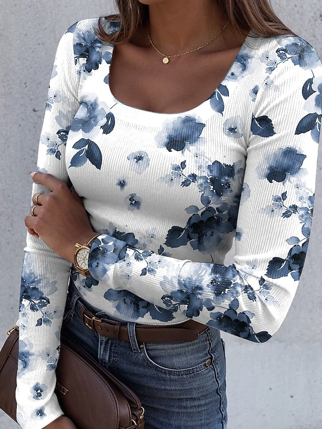 Women's T shirt Long Sleeve Ribbed Graphic Square Neck Long