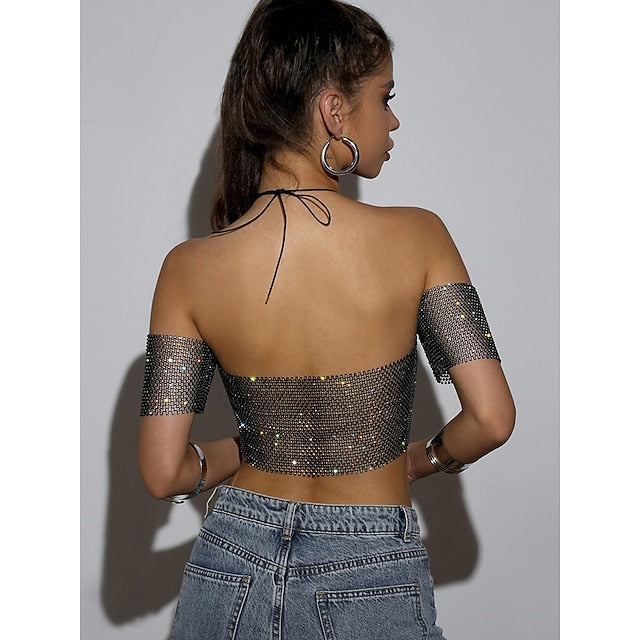 Metallic Sparkle Sexy Crop Tank Top Sheer Mesh Rhinestone Cover