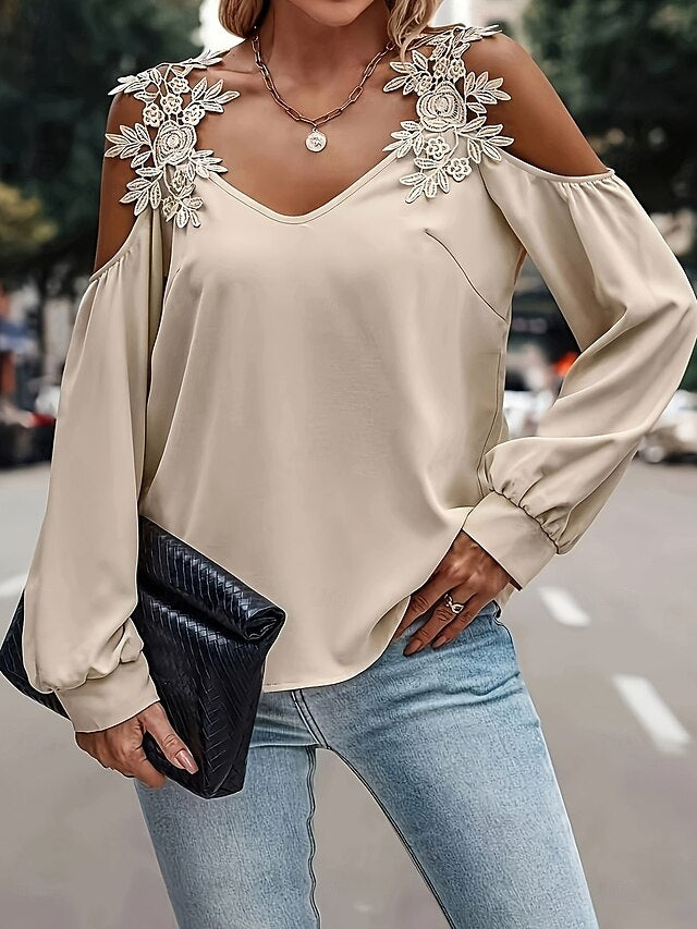 Women's Cold Shoulder Tops Patchwork Embroidered Floral