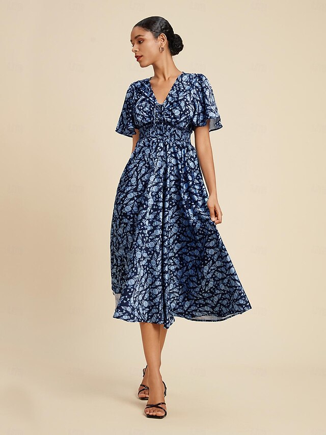 Satin Floral Print Smocked Waist Midi Dress