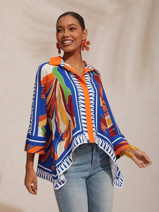 Vacation Geometric Color Block Print Batwing Sleeve Satin Short