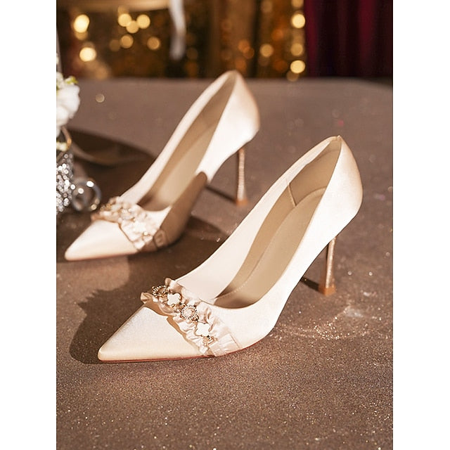 High with Toe Satin White Ruffle Pointed Heel Women's Pumps