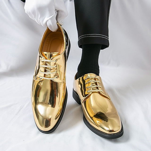 Lace-Up – Men Leather Patent Shiny for Sleek Gold Shoes