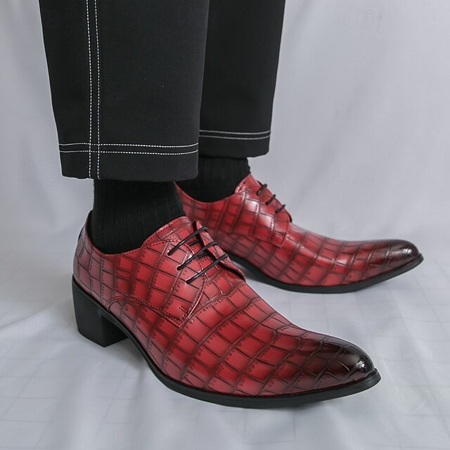 Men's – Red Leather Crocodile Pattern Shoes Faux