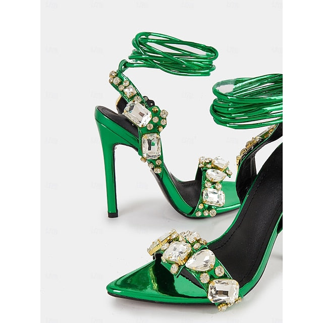 Women's Metallic Heels Lace-Up Stiletto with Green