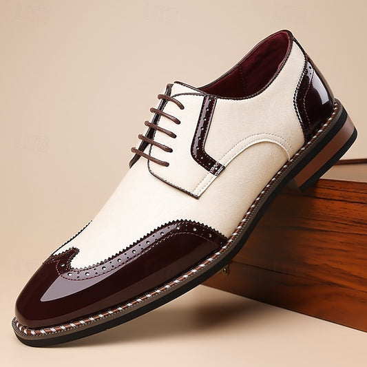 Oxford Burgundy White Men's Leather Faux Shoes and Wingtip
