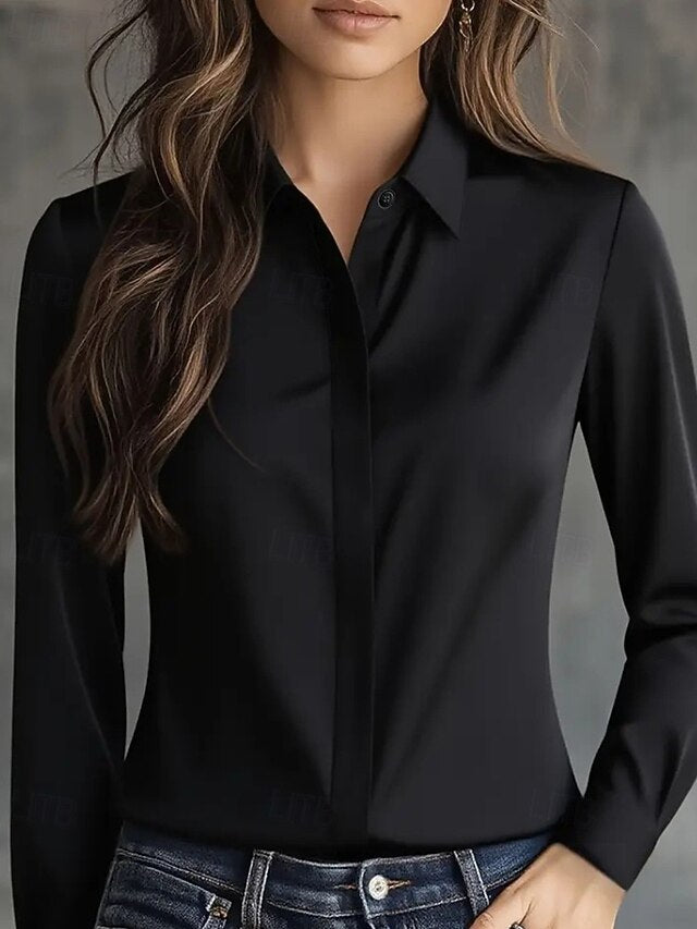 Women's Shirt Elegant Dressy Satin Top Buttons Plain
