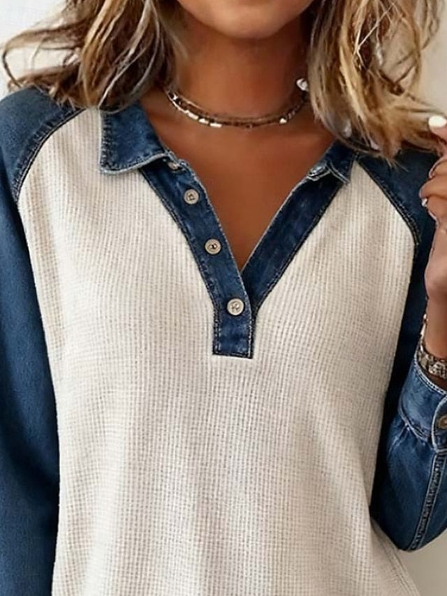 Women's Shirt Blouse Color Block Active Casual Long Sleeve