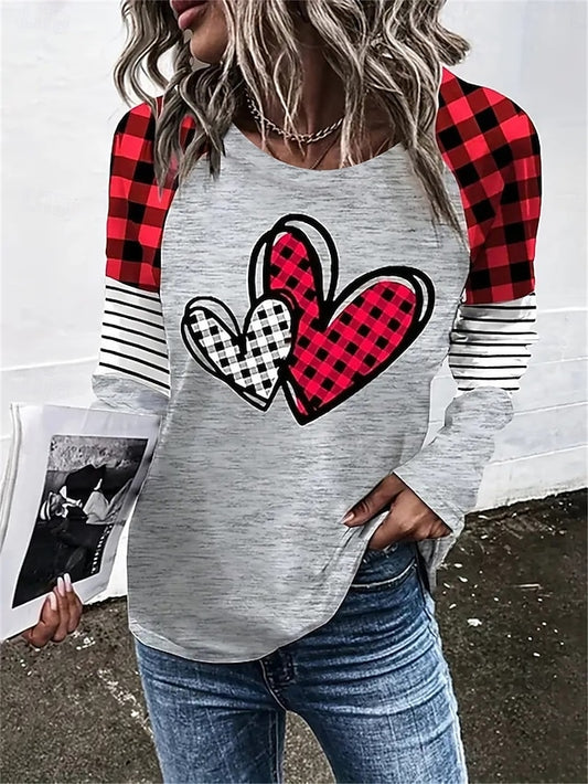 Valentine Women's Heart T Shirt Casual Print Long Sleeve