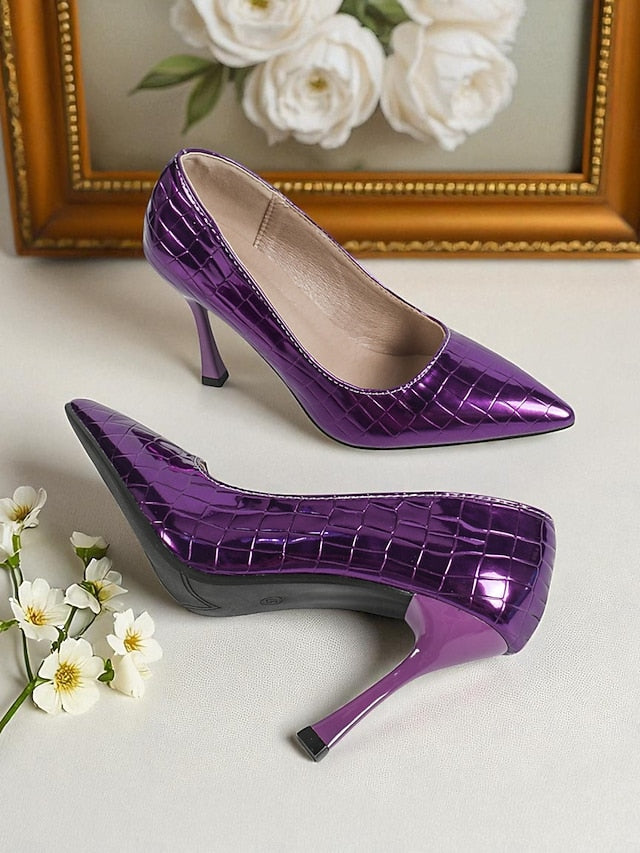 PU Heels Leather Toe Women's Patent Pointed Silver