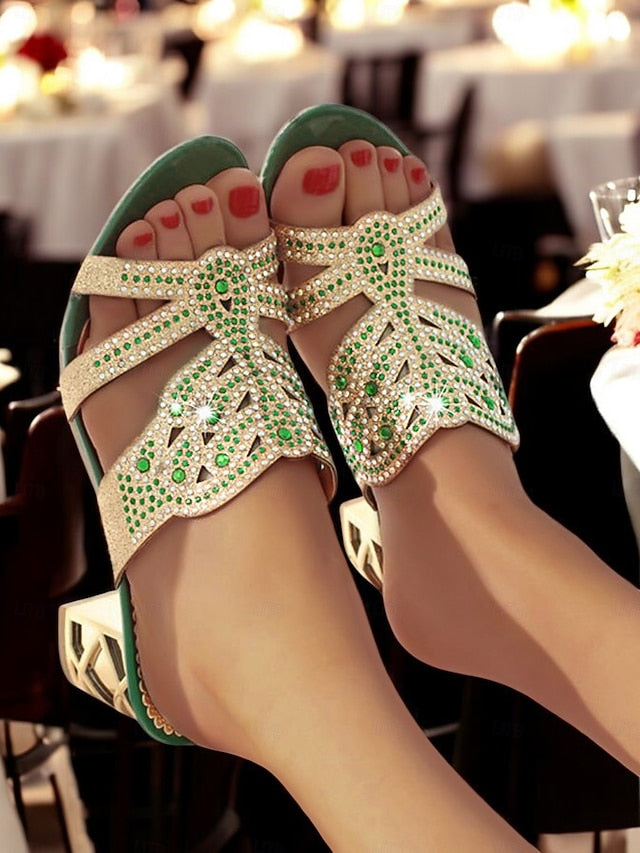 and Gold - Heeled Sandals Embellished Green Rhinestone