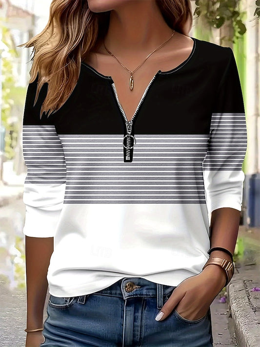 Women's T Shirt Zipper Print Graphic Geometric Striped