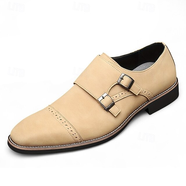 Faux Leather Monk with Shoes Beige Double Strap Men's
