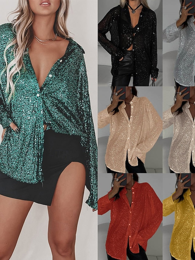 Women's Casual Shirt Button Up Shirt Blouse Sequins Buttons