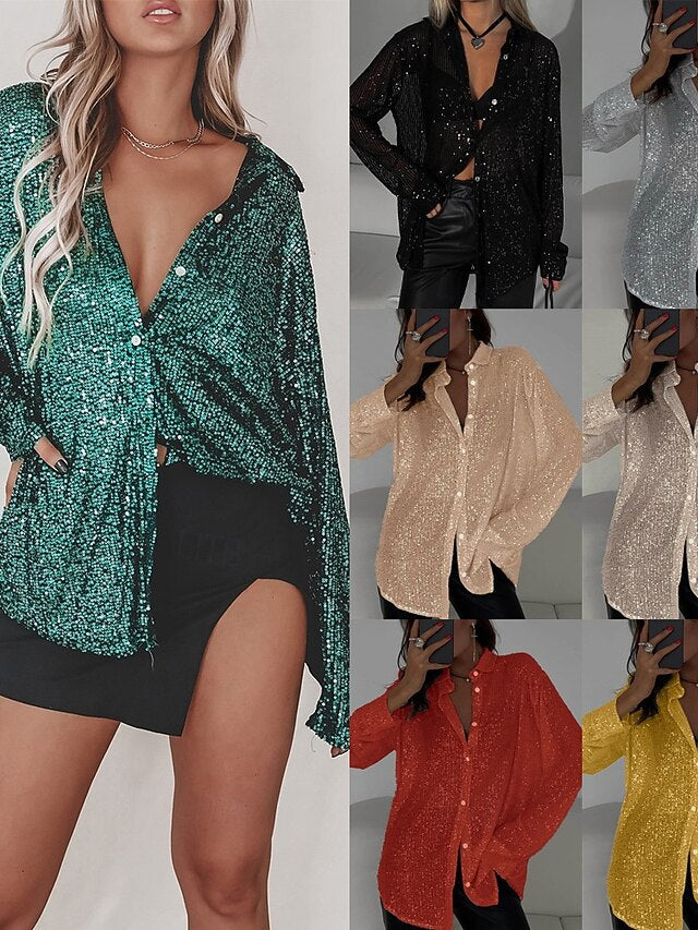 Women's Casual Shirt Button Up Shirt Blouse Sequins Buttons