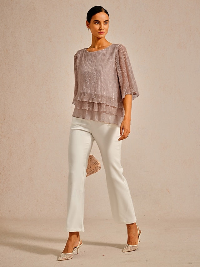 Women's Blouse Chiffon Tops Lace Tops Ruched Glitter Solid