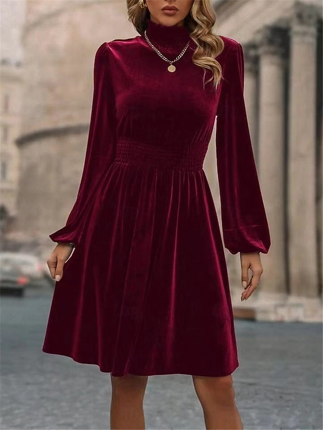 Women's Velvet Dress High Neck Long Sleeve Cinched