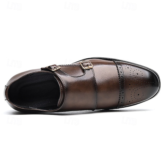 Men's Monk Leather with Strap Brown Faux Double Shoes