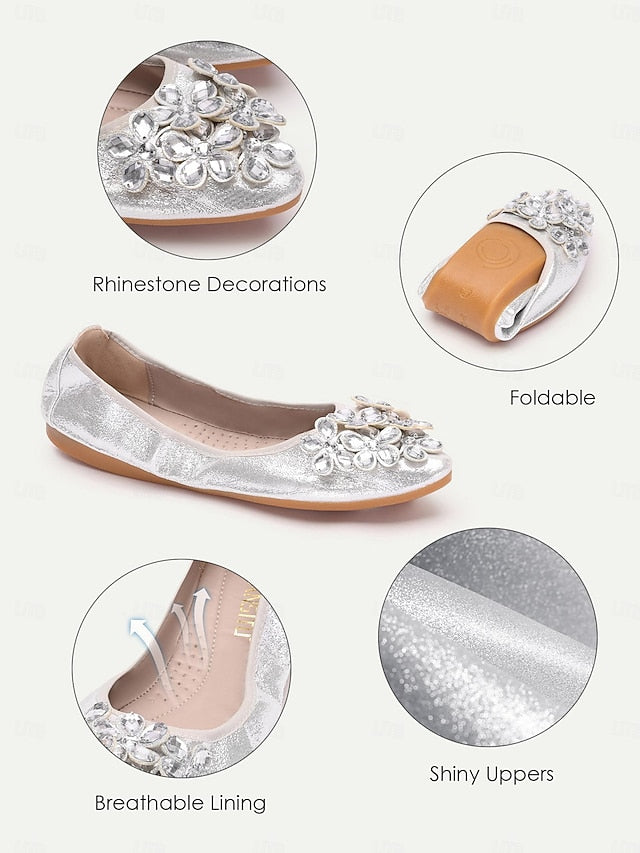 Foldable Women's Flats with Rhinestone Silver