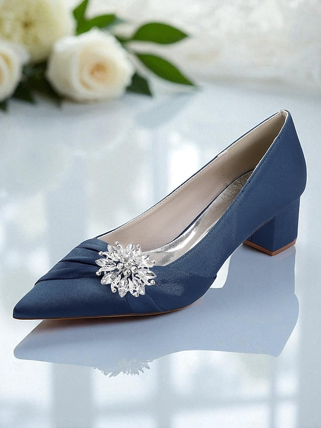 Women's White Block with Pumps Heel Low Crystal