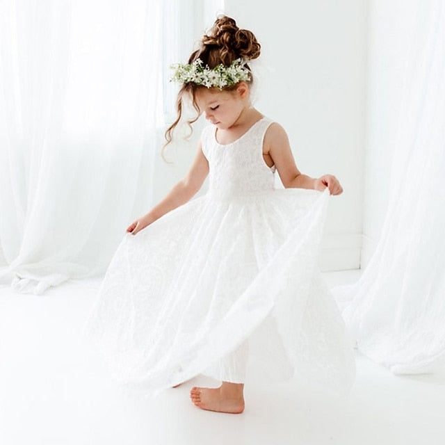 Girls' Colored Solid Sleeveless Wedding Kids Party Dress