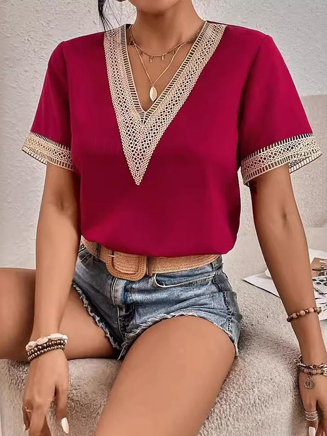 Women's Elegant Lace Tops Eyelet Blouse Lace Work Stylish