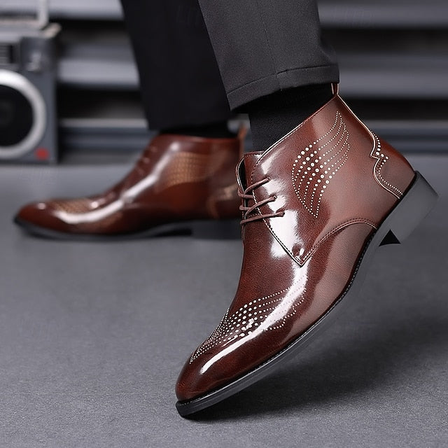 Burgundy Glossy Wingtip Faux Brogue Ankle Leather Men's