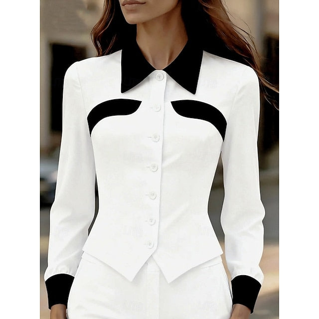 Women's Blouse Patchwork Buttons Color Block Elegant