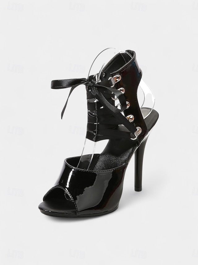 - Lace-Up Sexy Women's Black Patent Sandals Stiletto Cutout