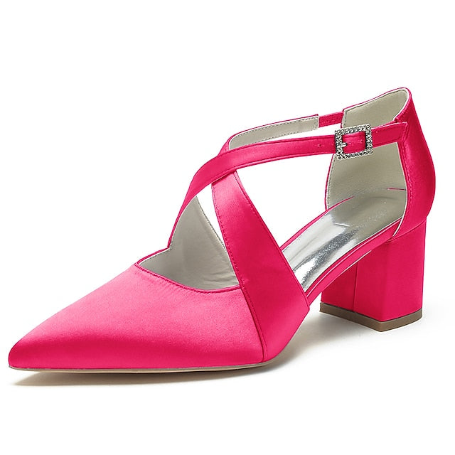 – Elegant White Block Pointed Heels Women's Satin Toe