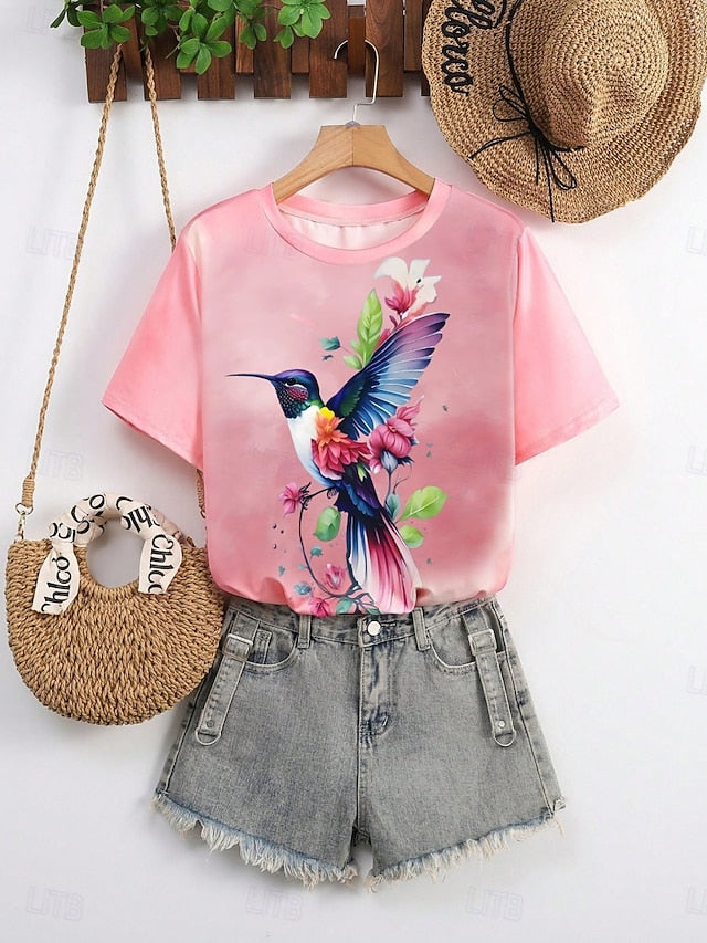 Women's T Shirt Print Floral Bird Casual Short Sleeve Round