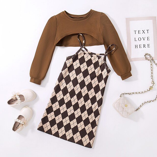 Dress Color Girls' Block Pieces 2 Kids Suits Set Long