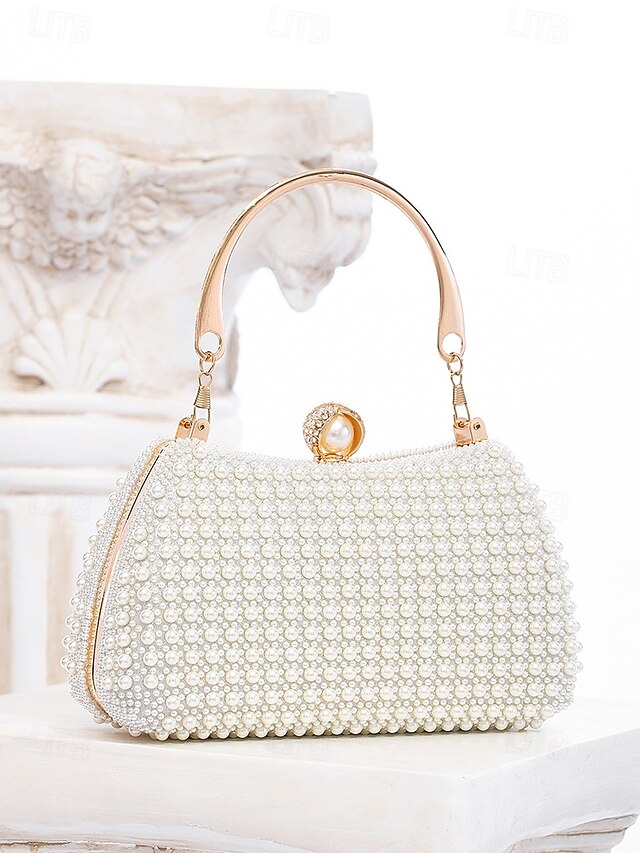 Evening Handle Bag Clutch Beaded Pearl with Gold Women's