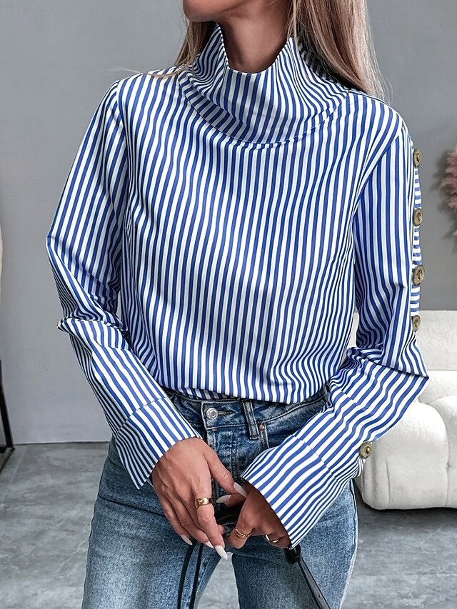 Women's Shirt Blouse Buttons Striped Stylish Long Sleeve