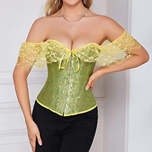 Women Floral Lace Off Shoulder Overbust Corset Bustier Boned