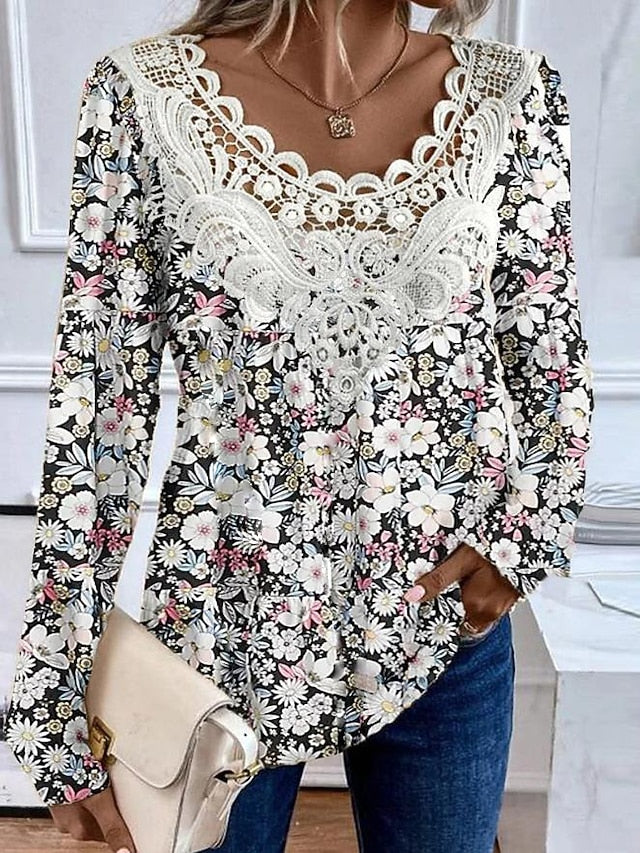 Women's Blouse Tunic Lace Splicing V Neck Long Sleeve