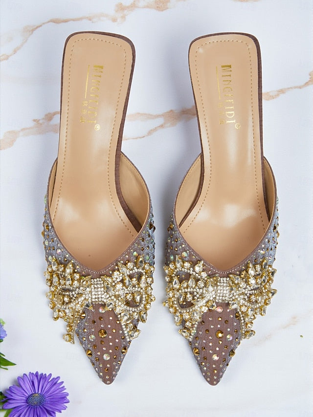 Pointed Toe Mules Slip-On Rhinestone Women's - Glitter
