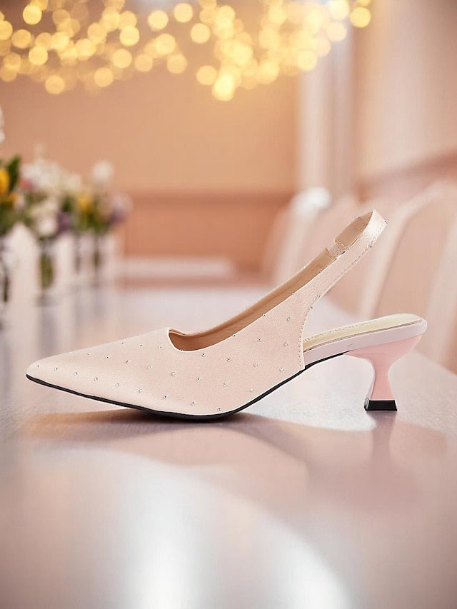 Slingback Studs Kitten Rhinestone Satin Heels Women's with