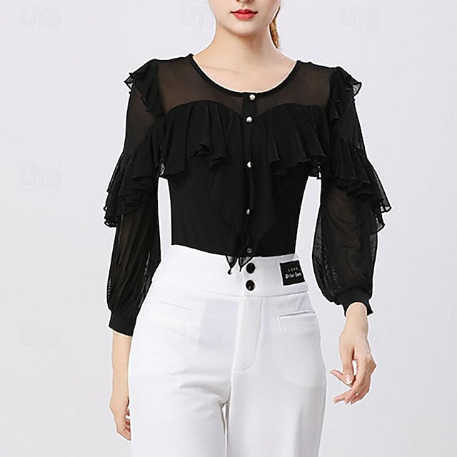 Latin Dance Ballroom Dance Top Ruffles Pure Color Splicing