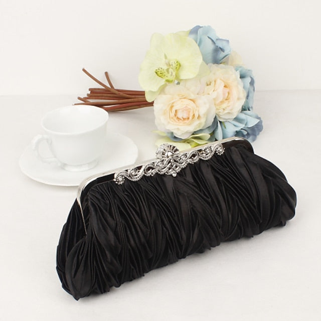 Women's Pleated White Elegant Evening Satin Clutch –