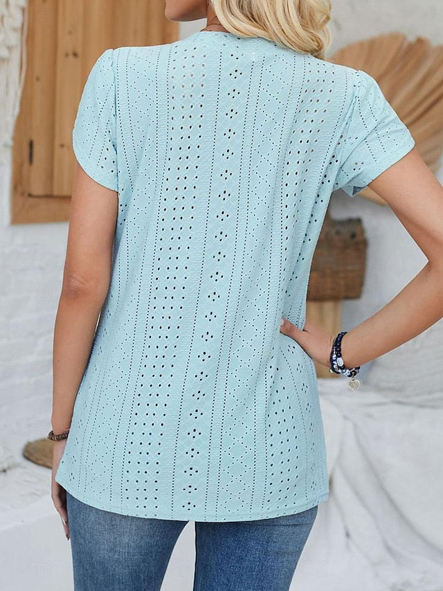 Women's Pointelle Shirt Eyelet Top Blouse Lace Buttons