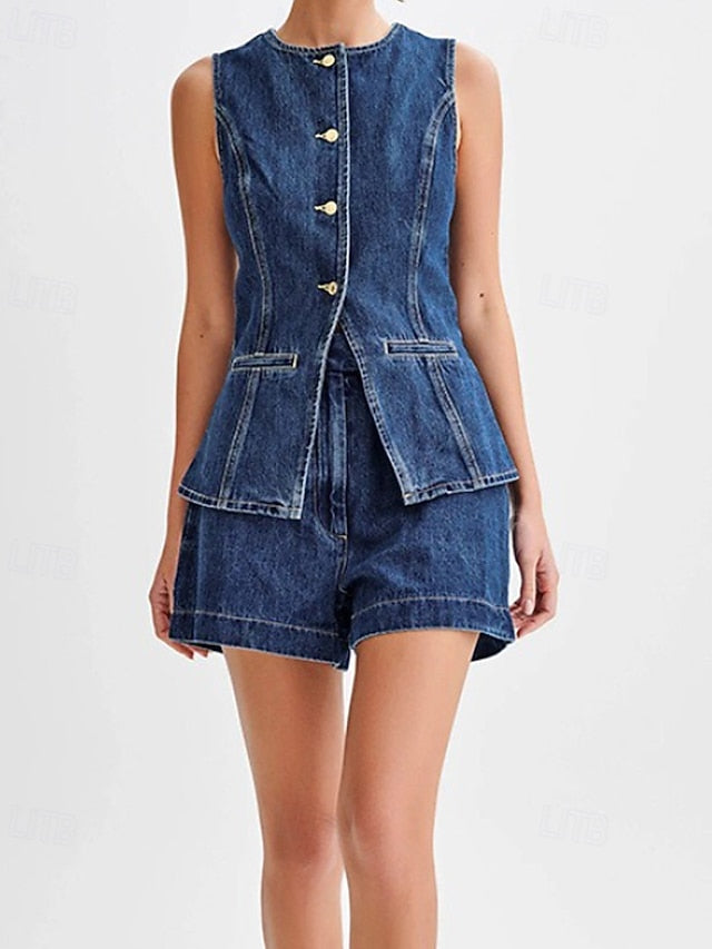 Women's Blouse Shorts Sets Sleeveless Crew Neck Solid Color