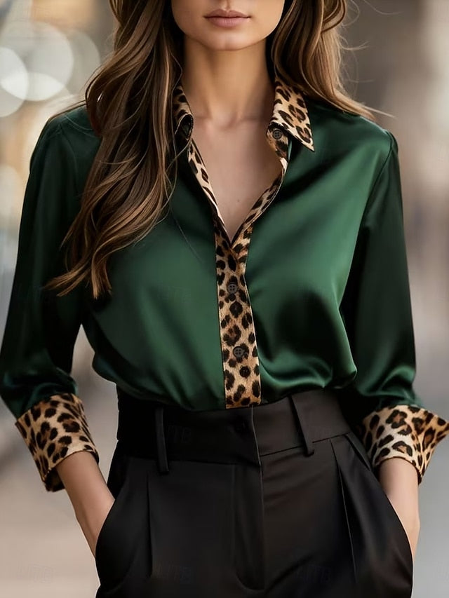 Women's Satin Shirt Dress Shirt Blouse Patchwork Buttons