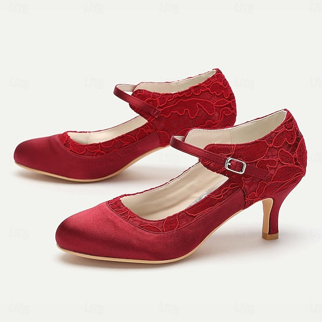 Mid-Heel Women's Comfortable Lace Satin Elegant Red - Heels