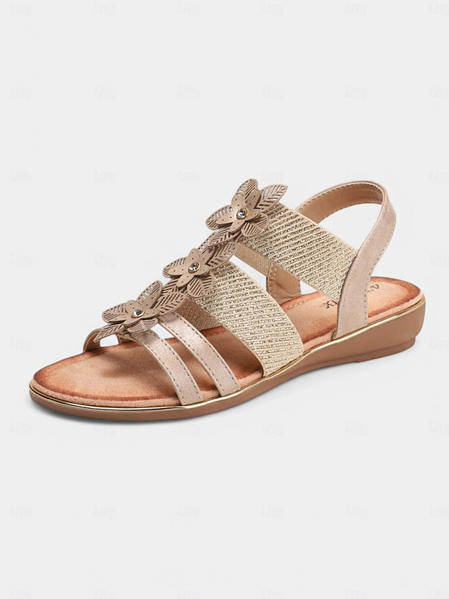 – Floral Sandals Elegant Flat Women's Beige Rhinestone